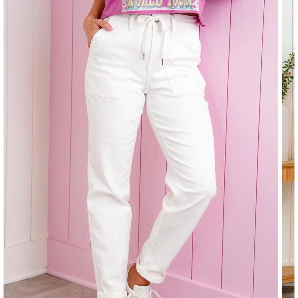 Judy Blue WHITE Airplane Mode High Rise White Cuffed Jogger